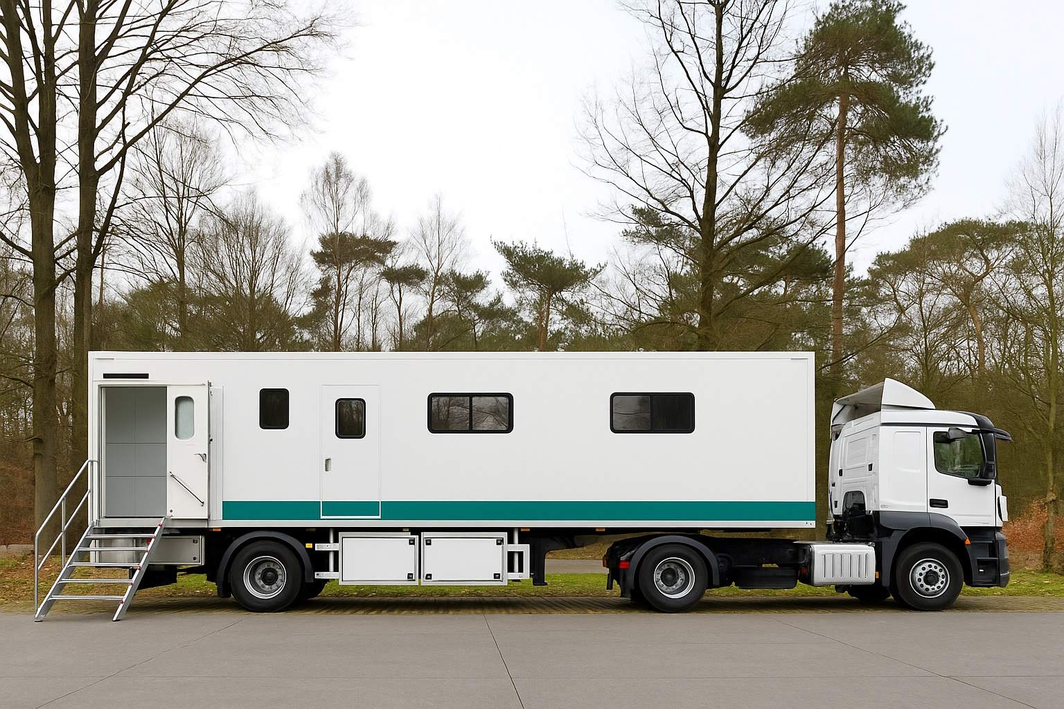 Mobiele tandartspraktijk vrachtwagen geparkeerd op locatie